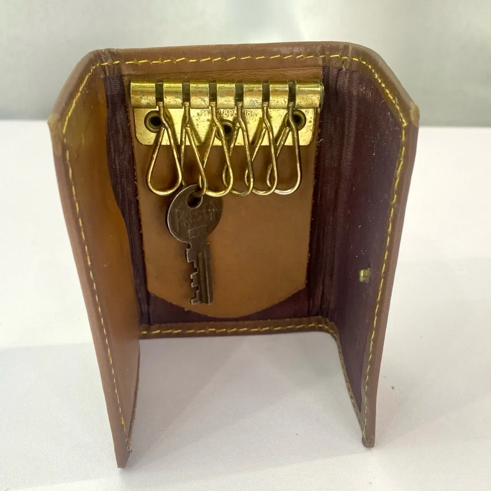 Canterbury Vintage 1980s Navy Plaid Key Holder Brown Leather Yellow Stitch Prepp